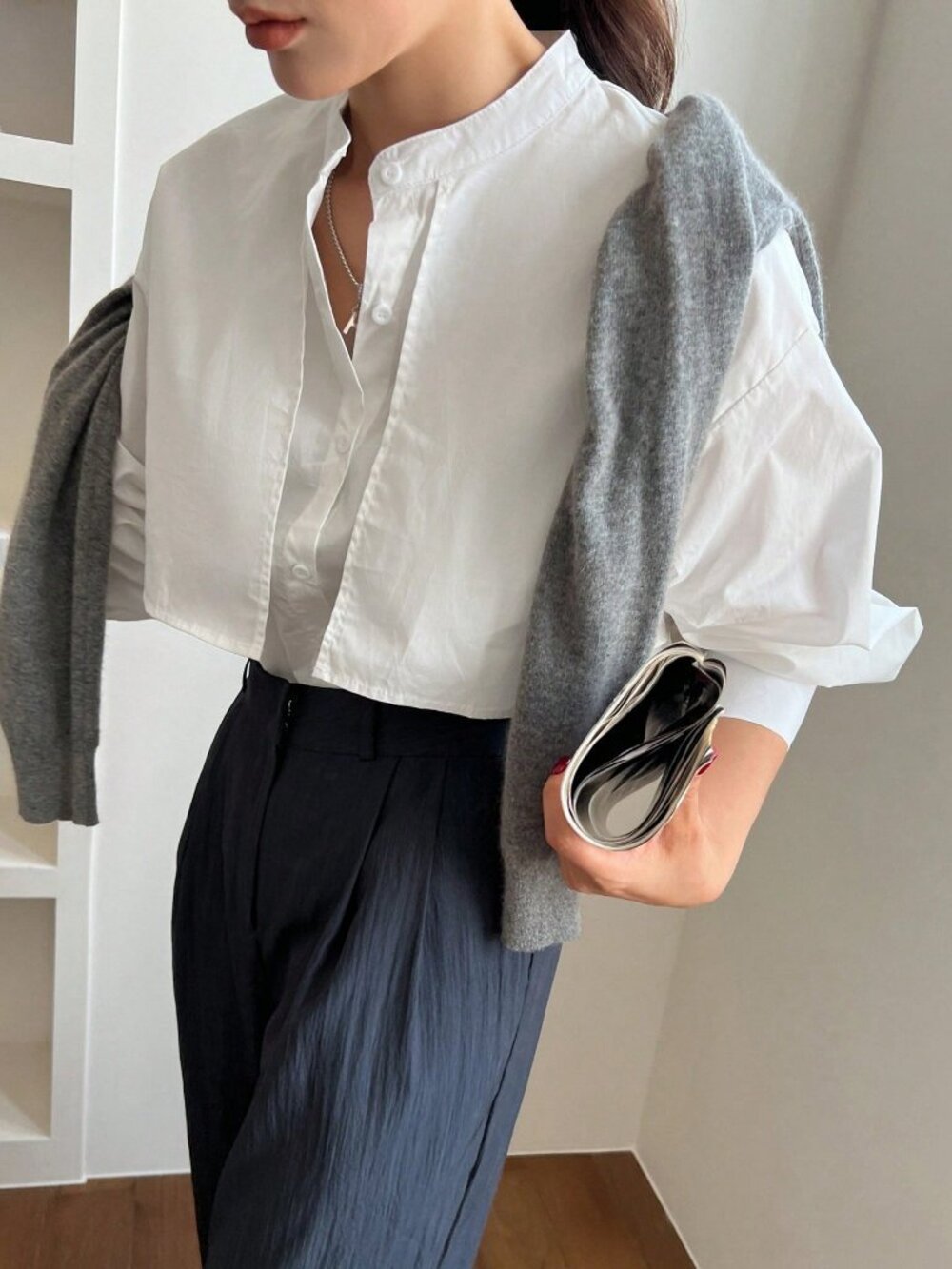 White Casual Oversized Drop Shoulder Button Stand Collar Long Sleeve Shirt - Picture 11 of 12